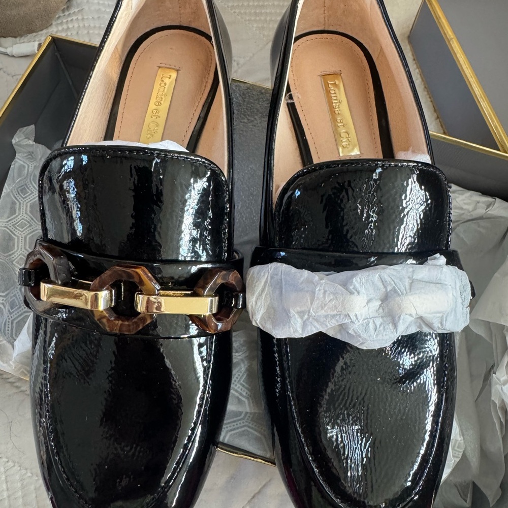 Louise et Cie Glossy Black Loafers with Gold Accent Lo-Brone - Picture 2 of 5
